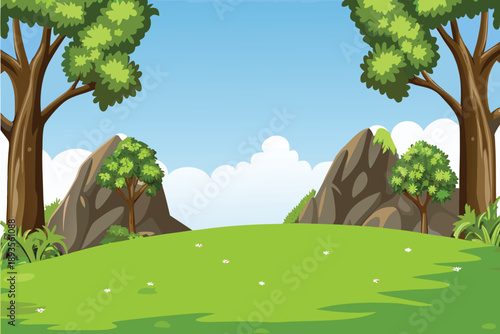 A vibrant landscape features lush green trees rolling hills and rocky mountains high quality