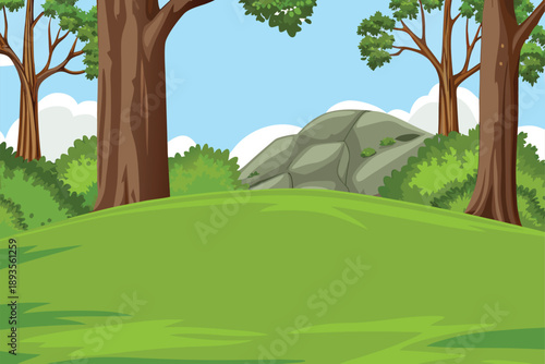 A peaceful forest scene features a large rock and lush green surroundings high quality