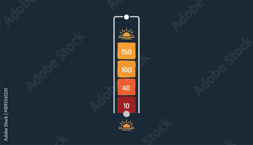 Vertical progress bar vector illustration featuring numeric status levels with sun icons on a dark background