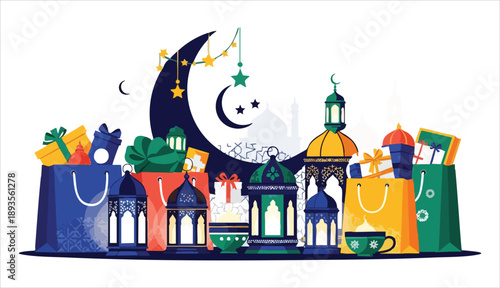 Flat vector illustration of colorful shopping bags and gift boxes with Ramadan lanterns, crescent moon, and stars for Eid celebration