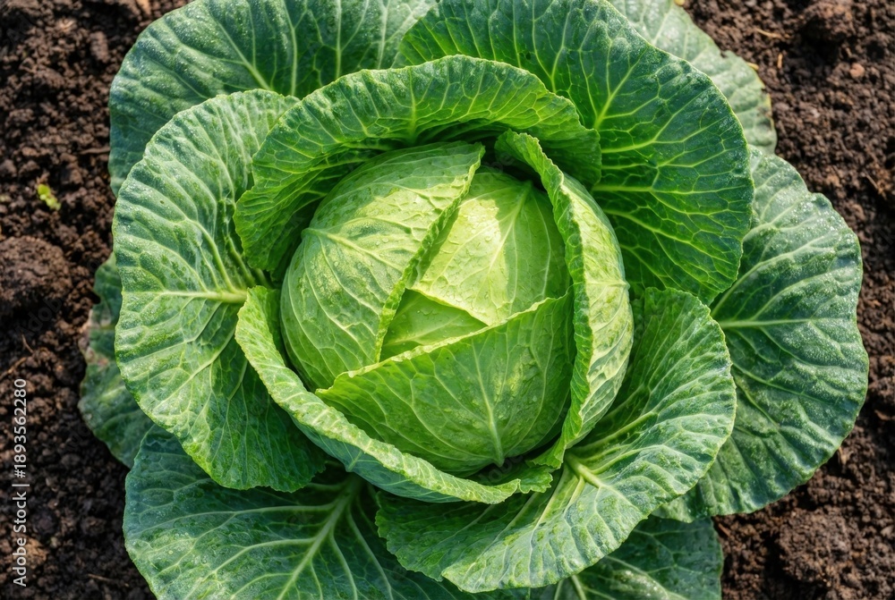 Obraz premium close-up of fresh green cabbage head on dark brown soil. agriculture, fresh produce, organic farming, gardening, and healthy food concepts.