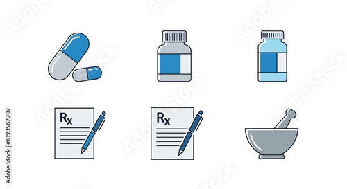 A set of vector medical icons including pills, bottles, prescription pads, and a mortar and pestle on a white background.