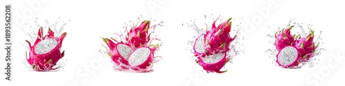 Set of dragon fruit splash isolated on transparent background