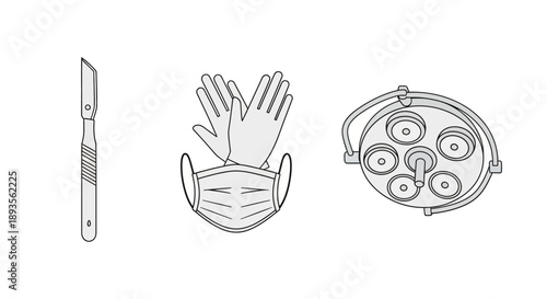 Vector illustrations of medical icons including a scalpel, glove and mask, and medical equipment dials, representing health and doctor concepts in America.