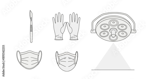 Vector illustrations of medical icons including masks, gloves, a syringe, and a medical device on a podium, representing health and doctor concepts in America.