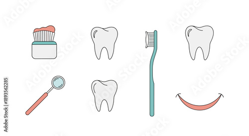 A set of vector illustrations depicting medical icons for health and dental care in America, including a toothbrush, teeth, toothpaste, and dental mirror.