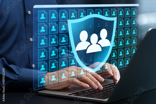 Protection of users’ personal information. Secure customer data management. Businessman using laptop computer with information security system.