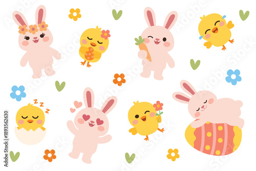 Joyful Easter animals with flowers and egg props Springtime illustration with bunnies, chicks and blossoms Adorable Easter creatures with colorful festive elements