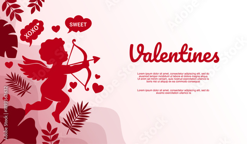 cute red cupid angel silhouette with bow for romantic valentines day card
