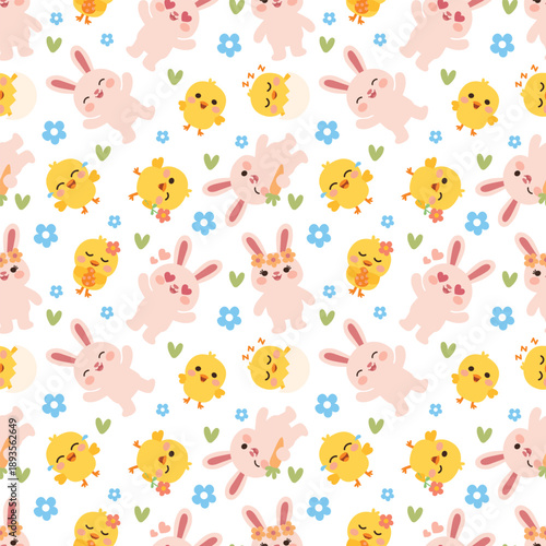 Seamless spring pattern with bunnies and chicks Cute rabbits on white background Easter seamless design with playful animals and flowers