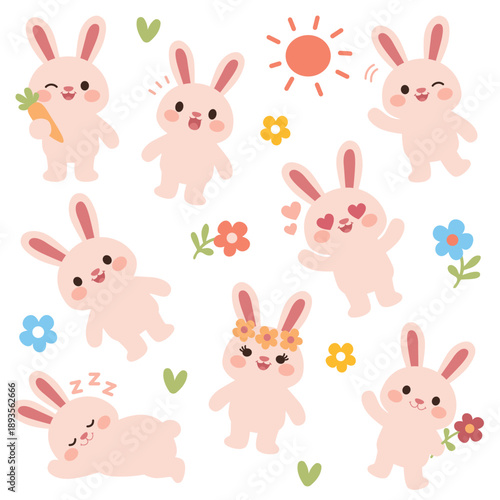 Cute bunnies in spring celebration scene Cartoon rabbits and chicks clipart with festive decorations Joyful Easter animals with flowers and eggs