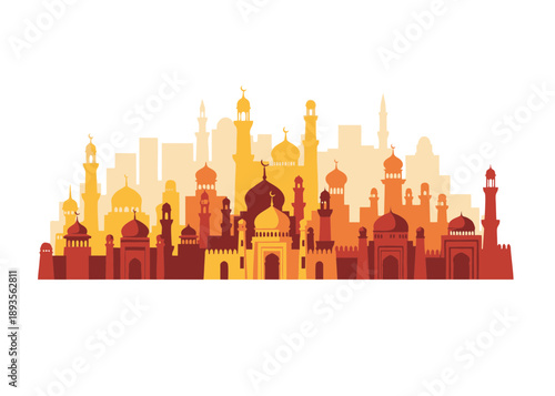 islamic city skyline illustration with mosque domes and minarets in warm sunset colors silhouette