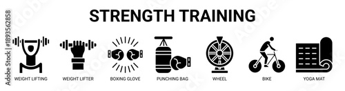 Strength Training web banner icon vector illustration concept with icon of weight lifting, weight lifter, boxing glove, punching bag, wheel, bike, and yoga mat.