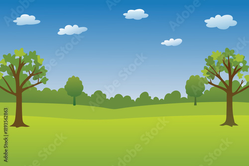 A bright and cheerful landscape depicts green trees and a vivid blue sky