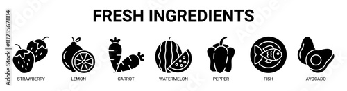 Fresh Ingredients web banner icon vector illustration concept with icon of strawberry, lemon, carrot, watermelon, pepper, fish, and avocado.