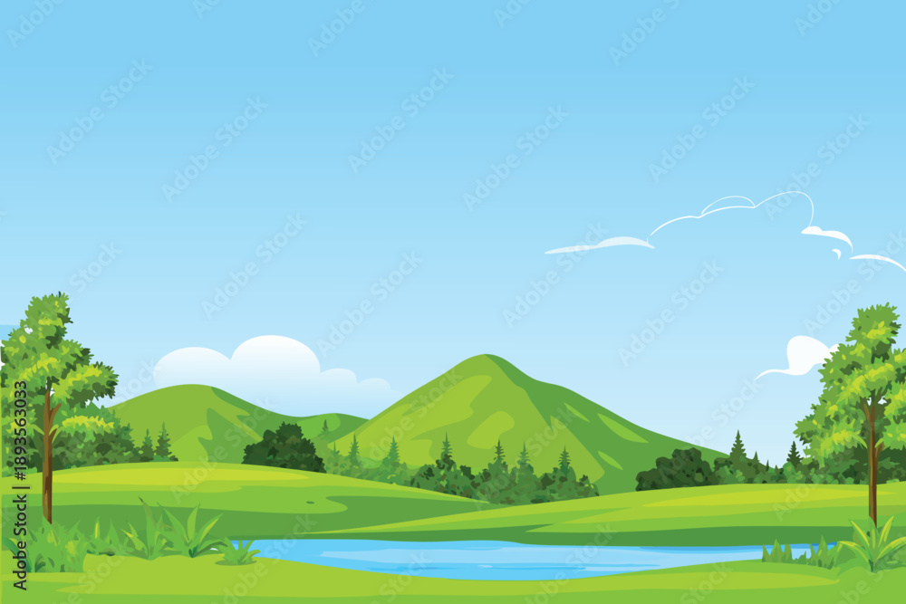 Fototapeta premium A vibrant cartoon landscape depicts rolling green hills a small lake and a
