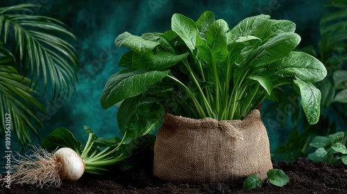 Spinach plant in burlap, onion, foliage backdrop