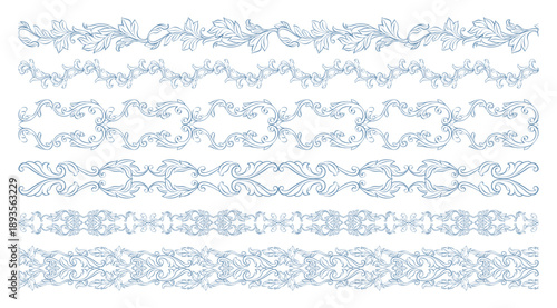 Vintage seamless border set. Baroque Victorian hand drawn frame, ornate with classic acanthus leaves and rustic florals. Whimsical repeating borders for wedding invitation decor, cards, certificates.