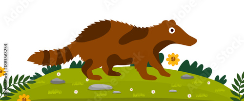 brown raccoon walking on green grass field with small yellow flowers