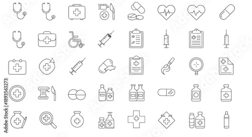 Large set of minimalist medical line icons featuring stethoscope first aid kit syringes pills and healthcare symbols isolated on white background