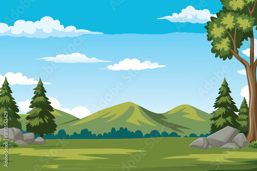 Fotografía A bright cartoon landscape depicts green hills trees and a vibrant blue sky