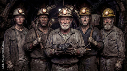 Wallpaper Mural Coal miners stand together inside a tunnel, holding coal during their break in the underground mine Torontodigital.ca