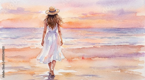 Wallpaper Mural Woman walks along beach at sunset with ocean waves and colorful sky in the background Torontodigital.ca