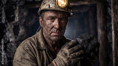 Wallpaper Mural Miner holds a piece of coal in dark underground tunnel with headlamp shining on his helmet Torontodigital.ca