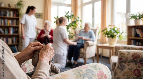 Wallpaper Mural Older adults engage in knitting and caring activities in a community space during afternoon hours Torontodigital.ca
