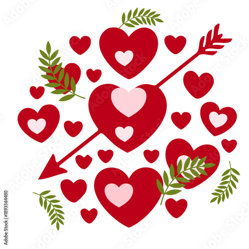 group of red hearts with arrow and green fern leaves floral decoration