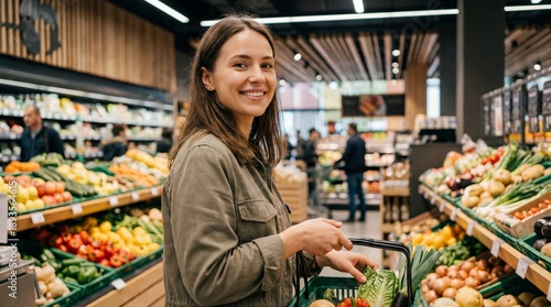 Wallpaper Mural Smiling woman carrying a basket while shopping for fresh vegetables at a grocery store Torontodigital.ca