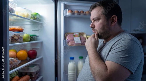 Wallpaper Mural Man looks inside refrigerator while thinking about meals in a modern kitchen during evening hours Torontodigital.ca