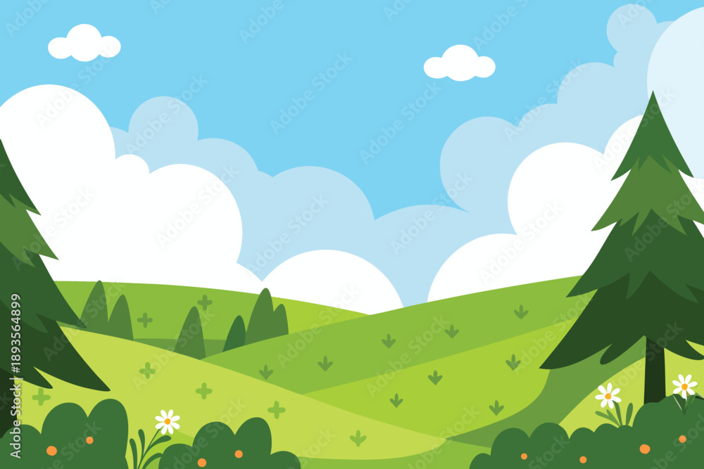 Obraz premium A peaceful landscape scene depicts rolling green hills under a bright blue sky