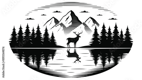 Vector illustration of deer in forest landscape