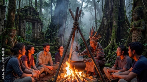 Wallpaper Mural Gathering around the fire during a cultural ceremony in a dense forest with traditional leader and participants Torontodigital.ca
