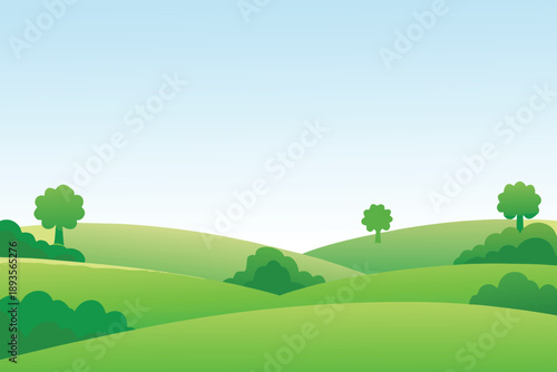 A serene landscape depicts rolling green hills punctuated by small leafy trees high quality