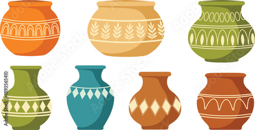 Decorative Clay Pot and Ceramic Vase Illustration Set with Traditional Patterns and Handcrafted Rustic Home Decor Elements