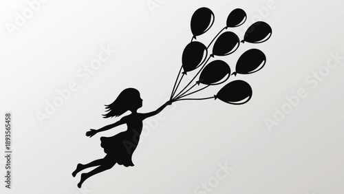 Vector silhouette of girl flying with balloons
