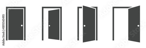 Door Icon Set Vector Illustration, Open, Closed, and Ajar Doors, Flat Style Design Representing Entrance, Access, Security, and Architecture Concept.
