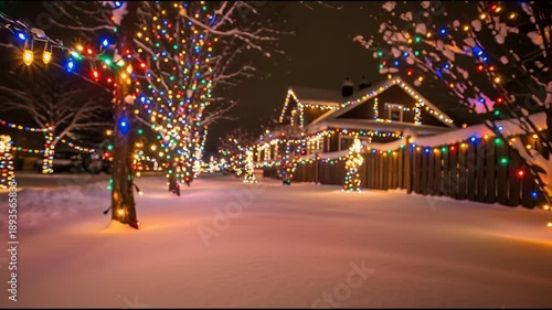 Wallpaper Mural Snowy scene with illuminated trees and buildings at night Torontodigital.ca