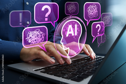 AI hallucinations and incorrect outputs. False information and fabricated contents. Businessman using generative AI on a laptop computer.