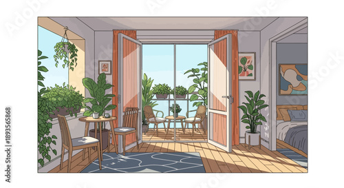 Cozy Living Room Interior with Green Plants, Comfortable Furniture, and Balcony Overlooking an Outdoor View