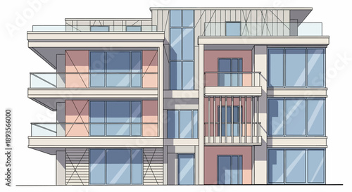 Modern Multi-Story Apartment Building with Balconies and Large Windows in an Urban Setting