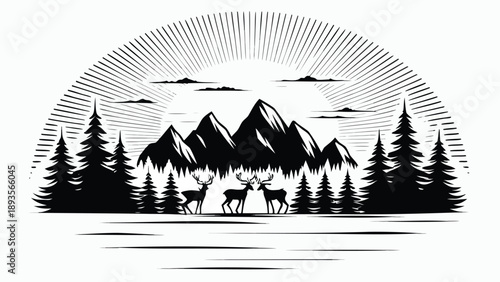 Vector illustration of deer in forest landscape with mountains