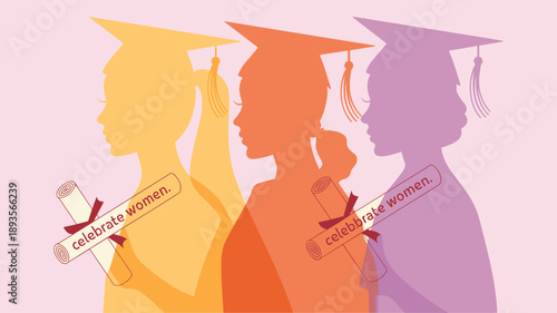 Celebrate women, graduation silhouettes, academic achievement, empowerment, diverse female graduates, diplomas, 8 March, flat vector illustration