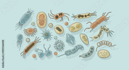 Diverse collection of microscopic organisms and bacteria on a light blue background, biological illustration.