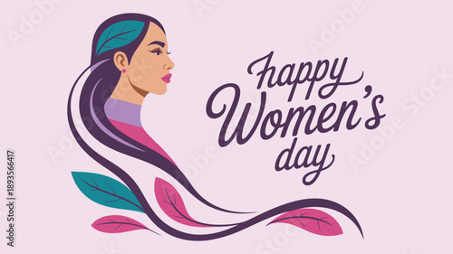 International Women’s Day, woman profile, flowing hair, leaf design, feminine strength, celebration, 8 March, flat vector illustration