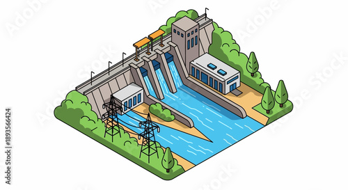 Isometric view of a hydroelectric dam power plant with river and power lines in a green landscape