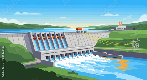Wide view of a large hydroelectric power station and dam in a scenic natural landscape