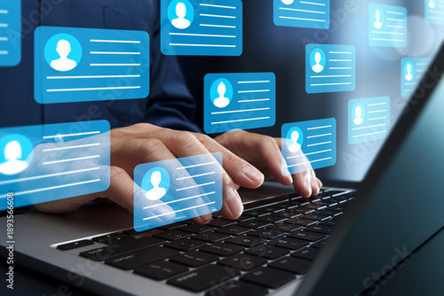 Social media and networking. Strategic use of short-form messaging apps in business marketing. Businessman using laptop computer to post on microblog platform.